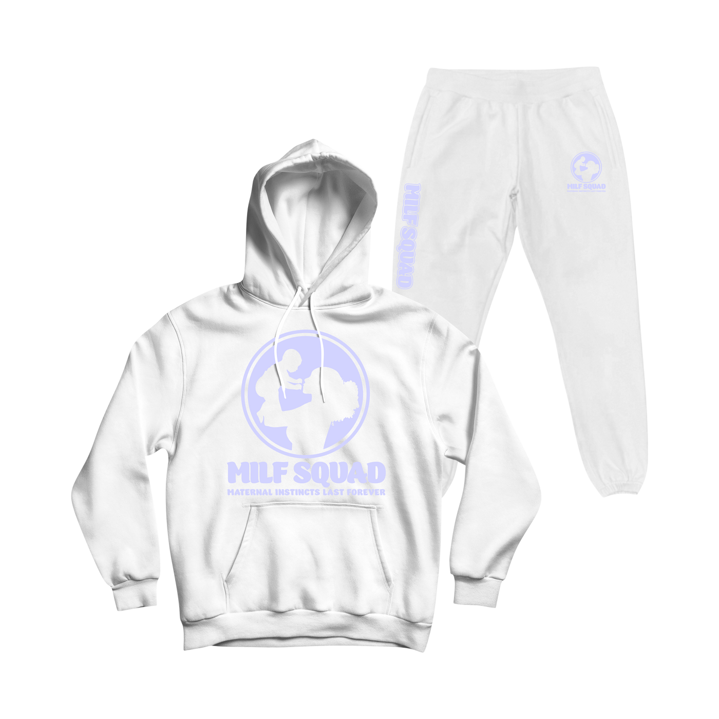 MILFSQUAD Winter White Sweatsuit – Lavender Logo Edition