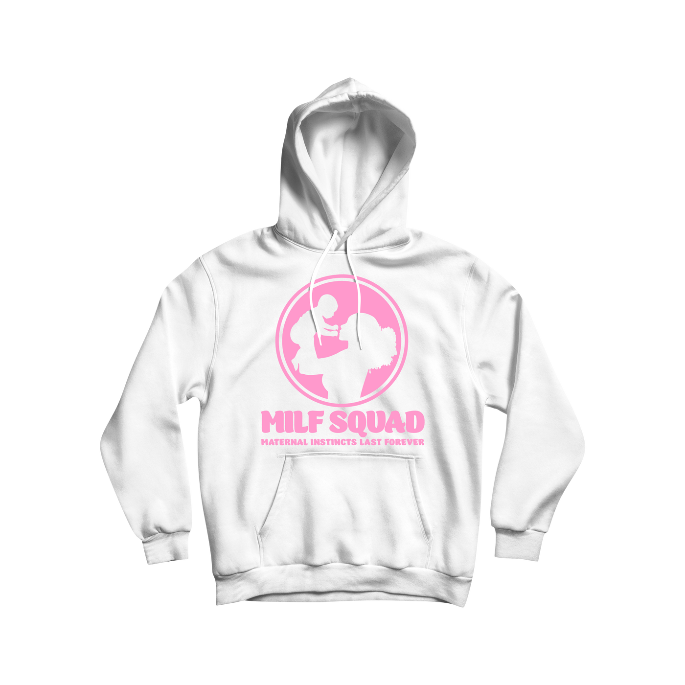 MILFSQUAD “Maternal Instincts Last Forever” Hoodie – White & Pink Edition