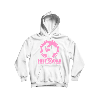MILFSQUAD “Maternal Instincts Last Forever” Hoodie – White & Pink Edition