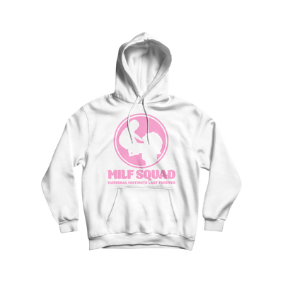 MILFSQUAD “Maternal Instincts Last Forever” Hoodie – White & Pink Edition
